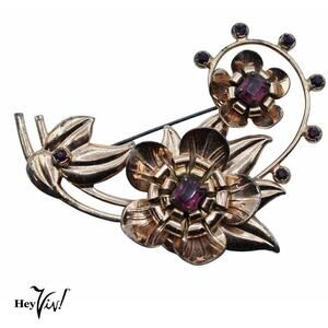 Vintage 40s Gold Wash over Sterling Floral Leaf Bouquet Pin Brooch 3.5" -Hey Viv